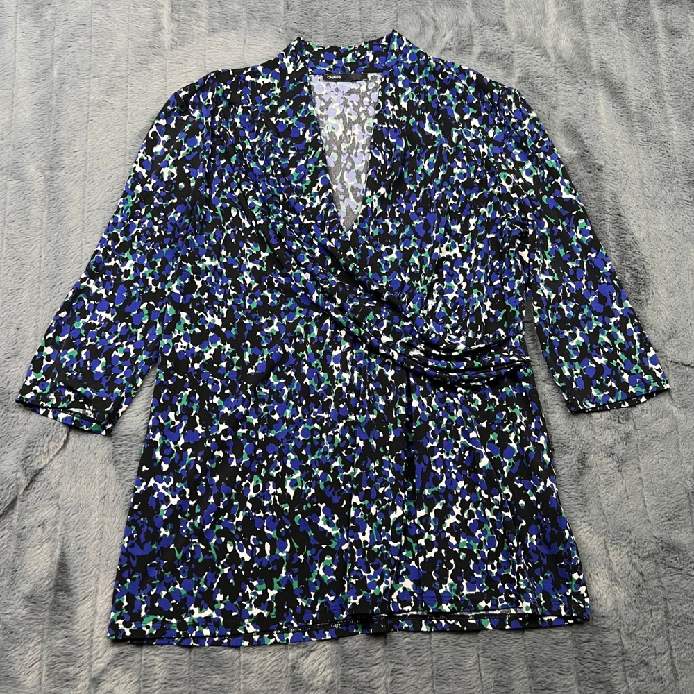 Chaus Womens Blue Green Abstract Print Surplice V-Neck 3/4 Sleeve Top Size M